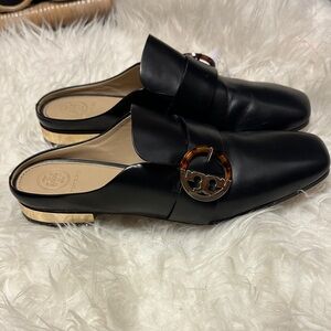 Tory Burch Black Leather Mules with Gold Accent